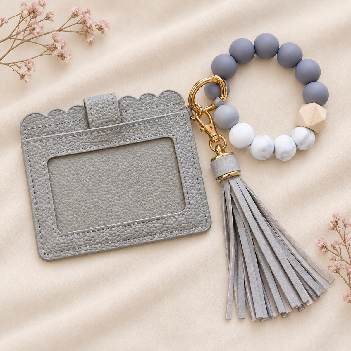 Grey Card Holder & Bracelet Keychain Set — Personalized with Name Engraving