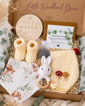 Neutral Newborn Gift Box with Cream Bonnet, Knit Booties and Crochet Bunny Rattle