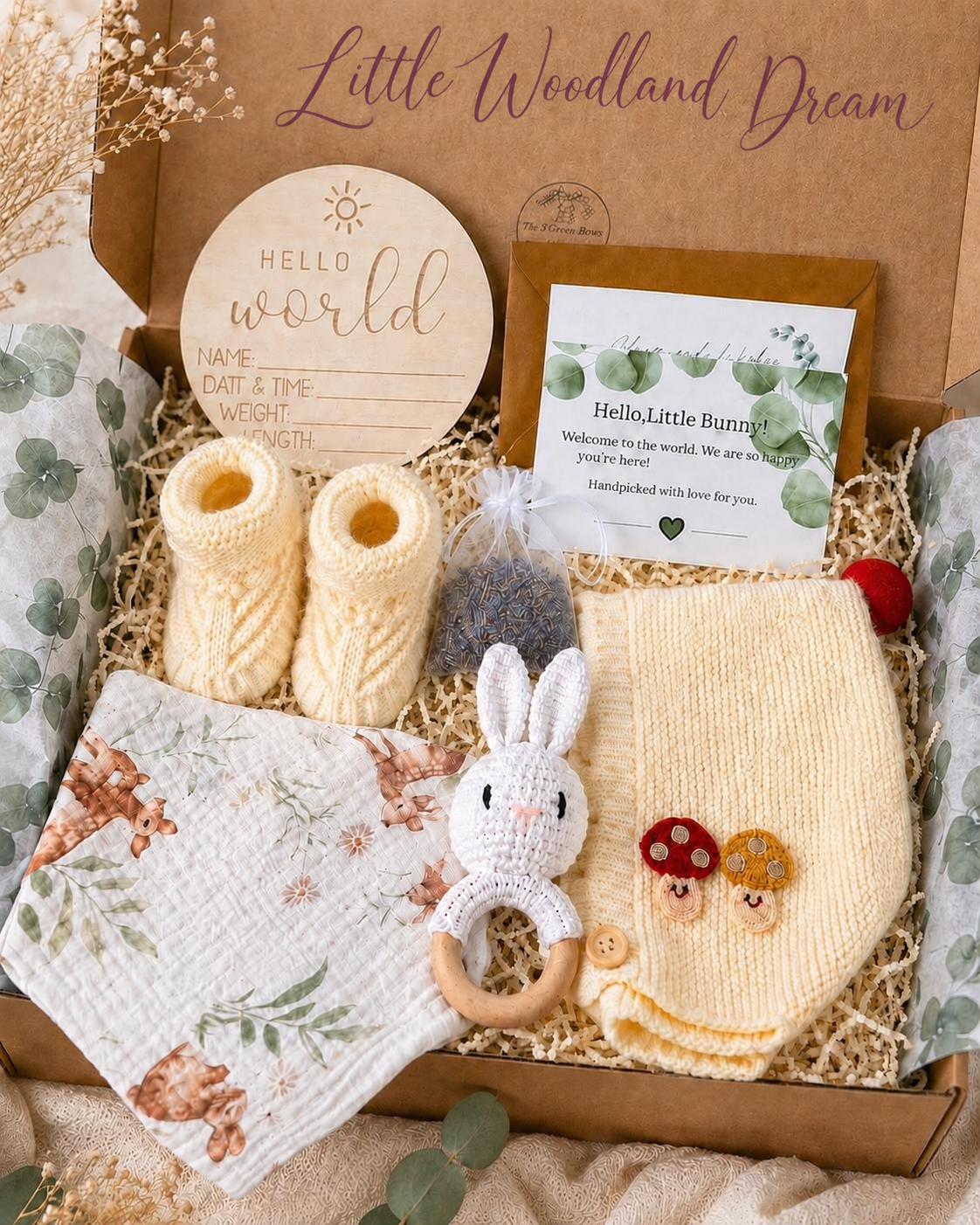 Neutral Newborn Gift Box with Cream Bonnet, Knit Booties and Crochet Bunny Rattle