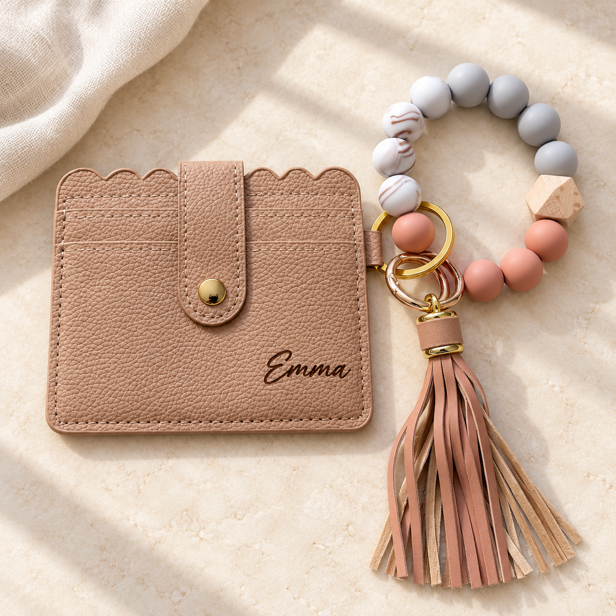 Mocha Card Holder & Bracelet Keychain Set — Personalized with Name Engraving
