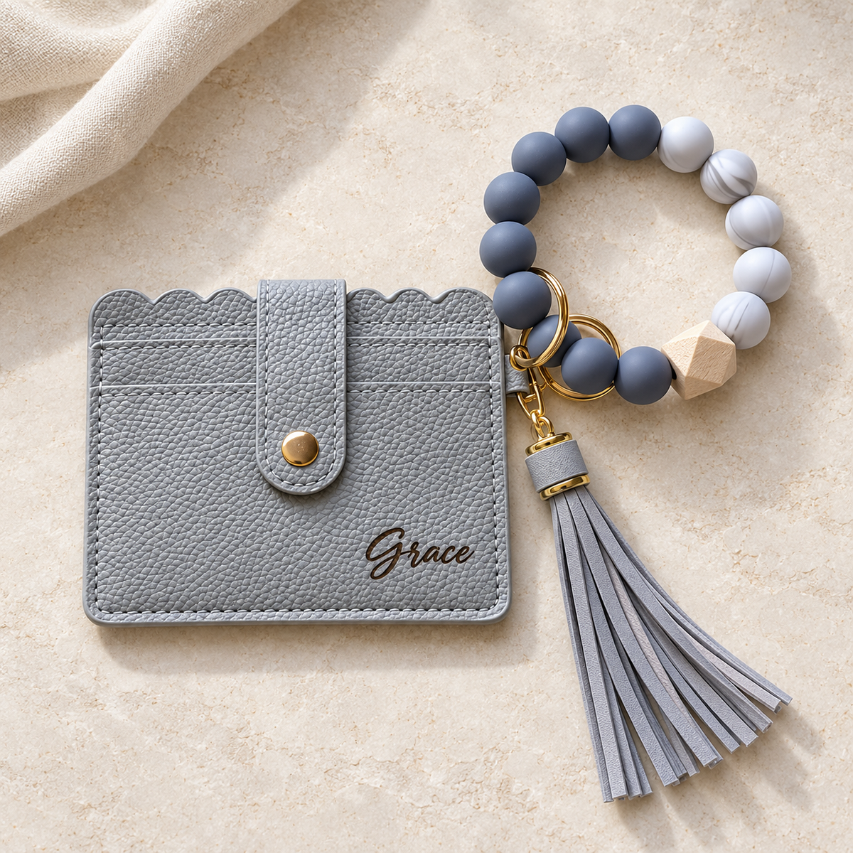 Mocha Card Holder & Bracelet Keychain Set — Personalized with Name Engraving