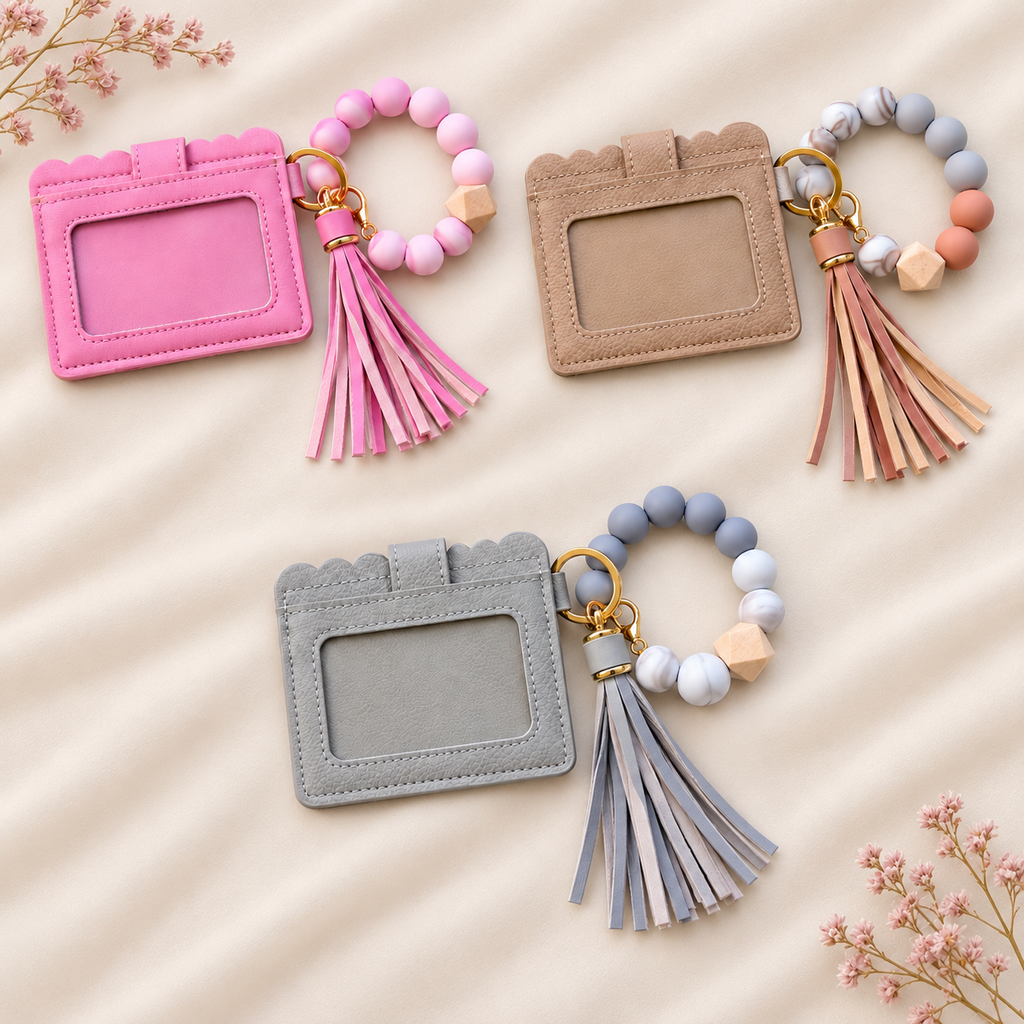 Grey Card Holder & Bracelet Keychain Set — Personalized with Name Engraving