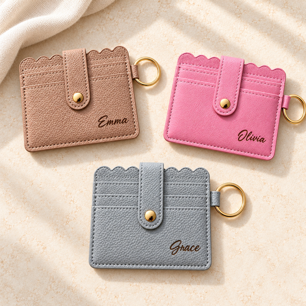 Pink Card Holder Keychain Wallet — Optional Name Engraving
