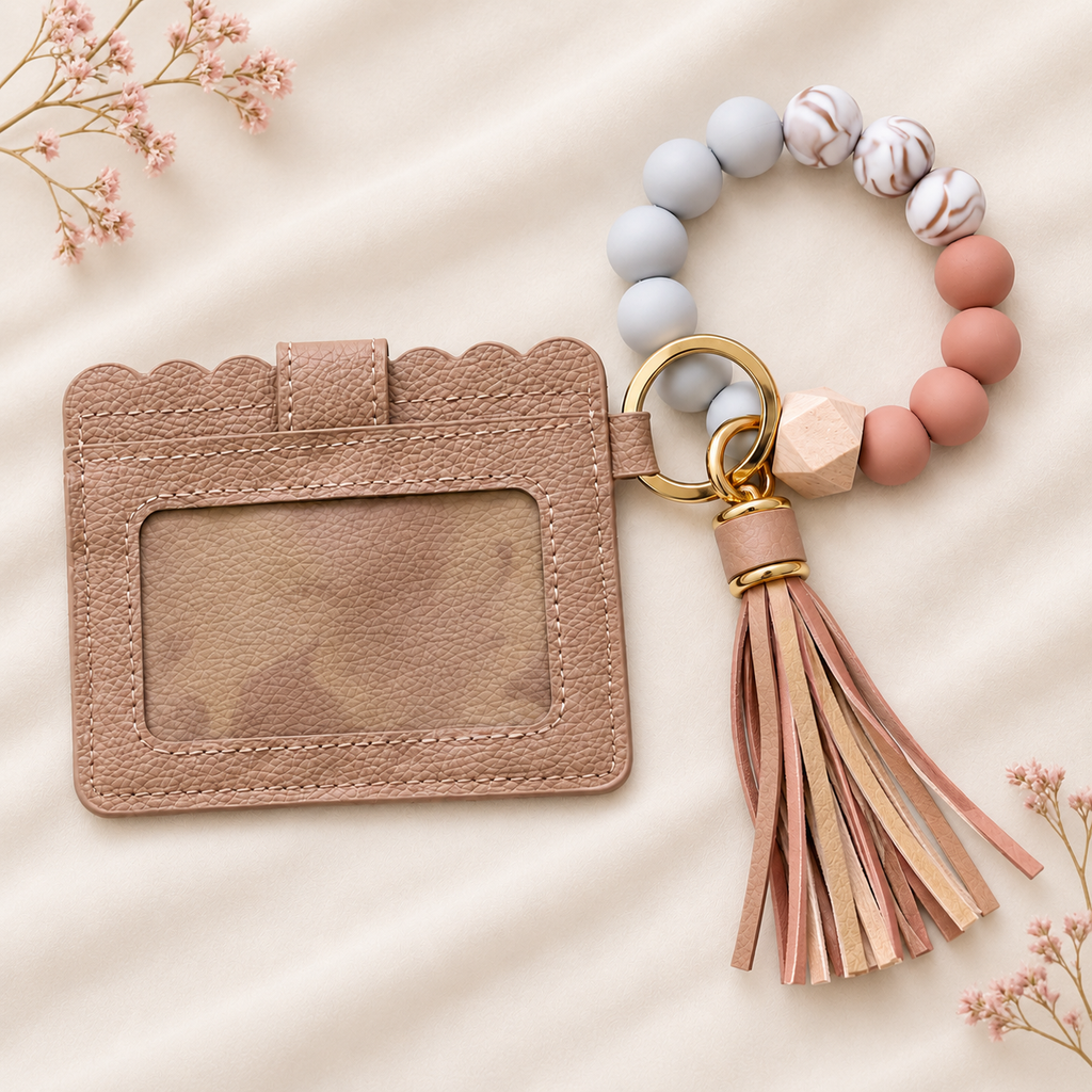 Grey Card Holder & Bracelet Keychain Set — Personalized with Name Engraving
