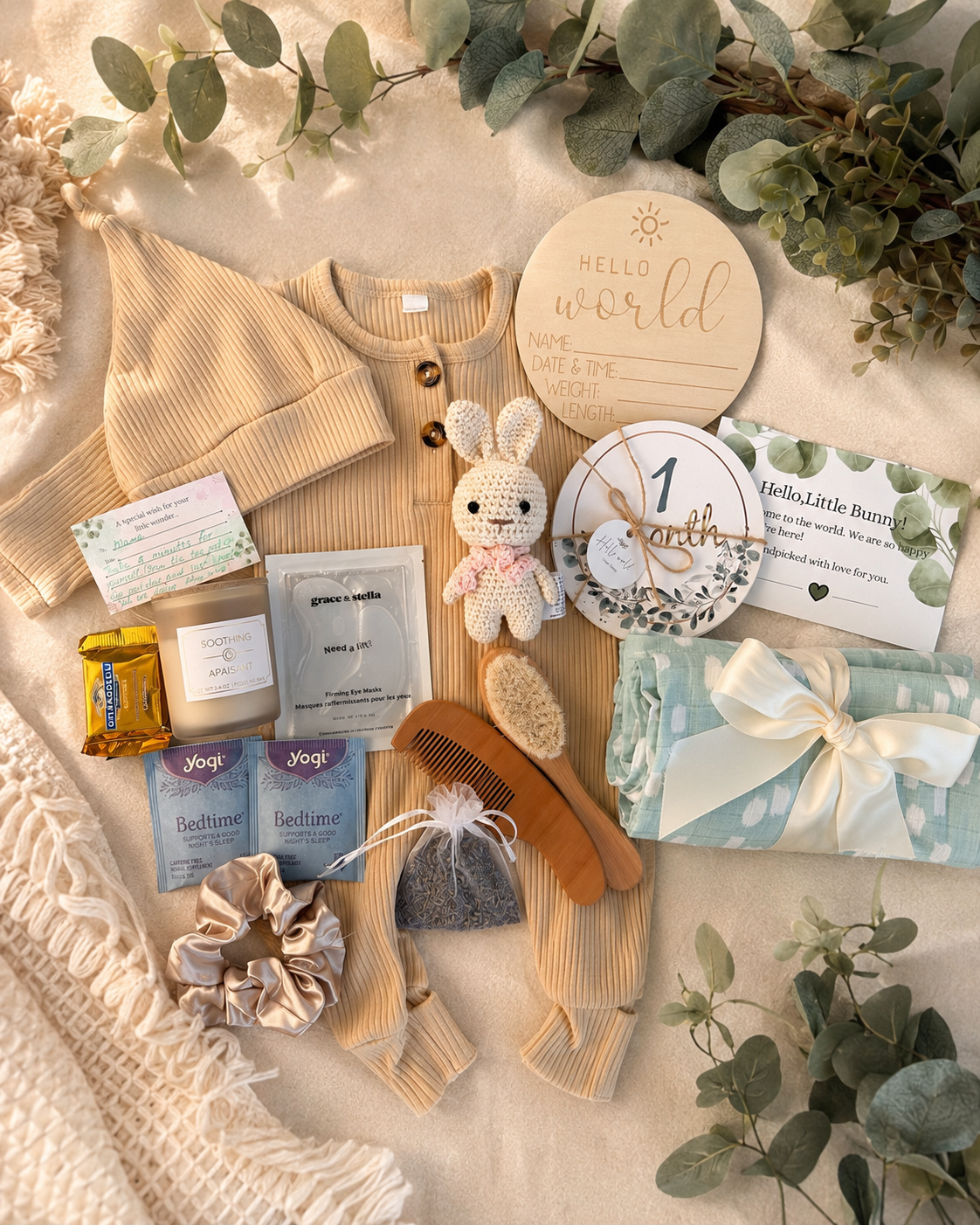 Personalized Neutral Baby Shower Gift Box with Beige Romper, Crochet Bunny & New Mom Treats