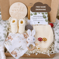 Personalized Woodland Baby Shower Gift Box with Cream Bonnet, Knit Booties & Bunny Rattle