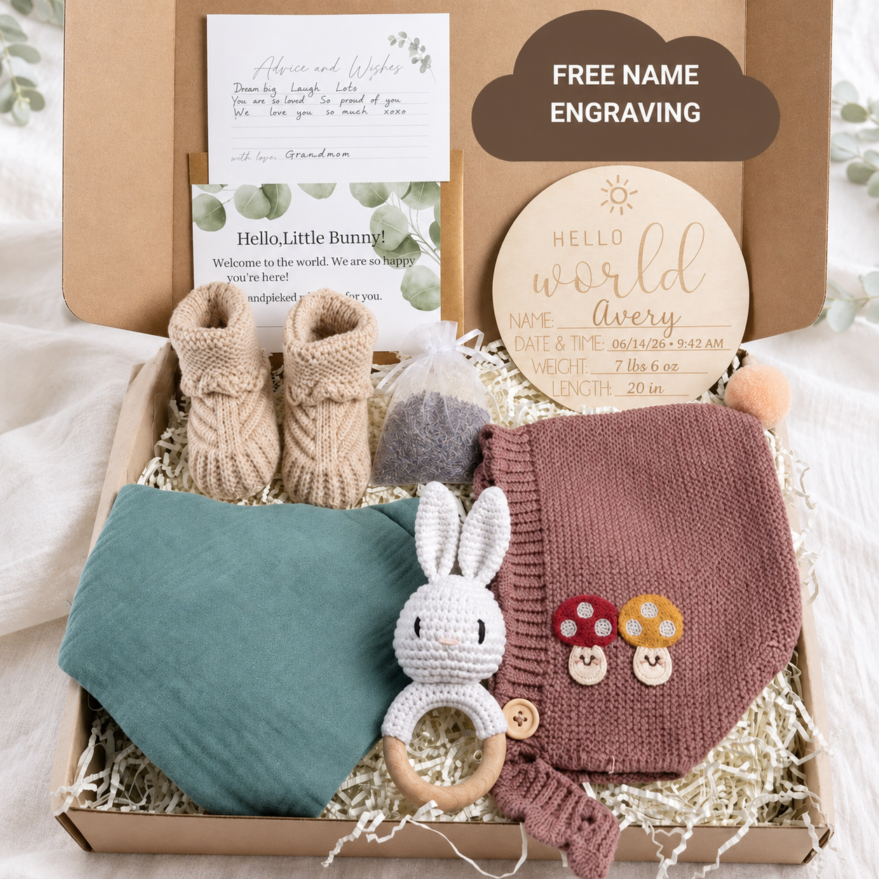 Personalized Woodland Baby Shower Gift Box with Mushroom Bonnet, Knit Booties & Bunny Rattle