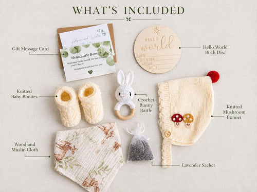 Personalized Woodland Baby Shower Gift Box with Cream Bonnet, Knit Booties & Bunny Rattle