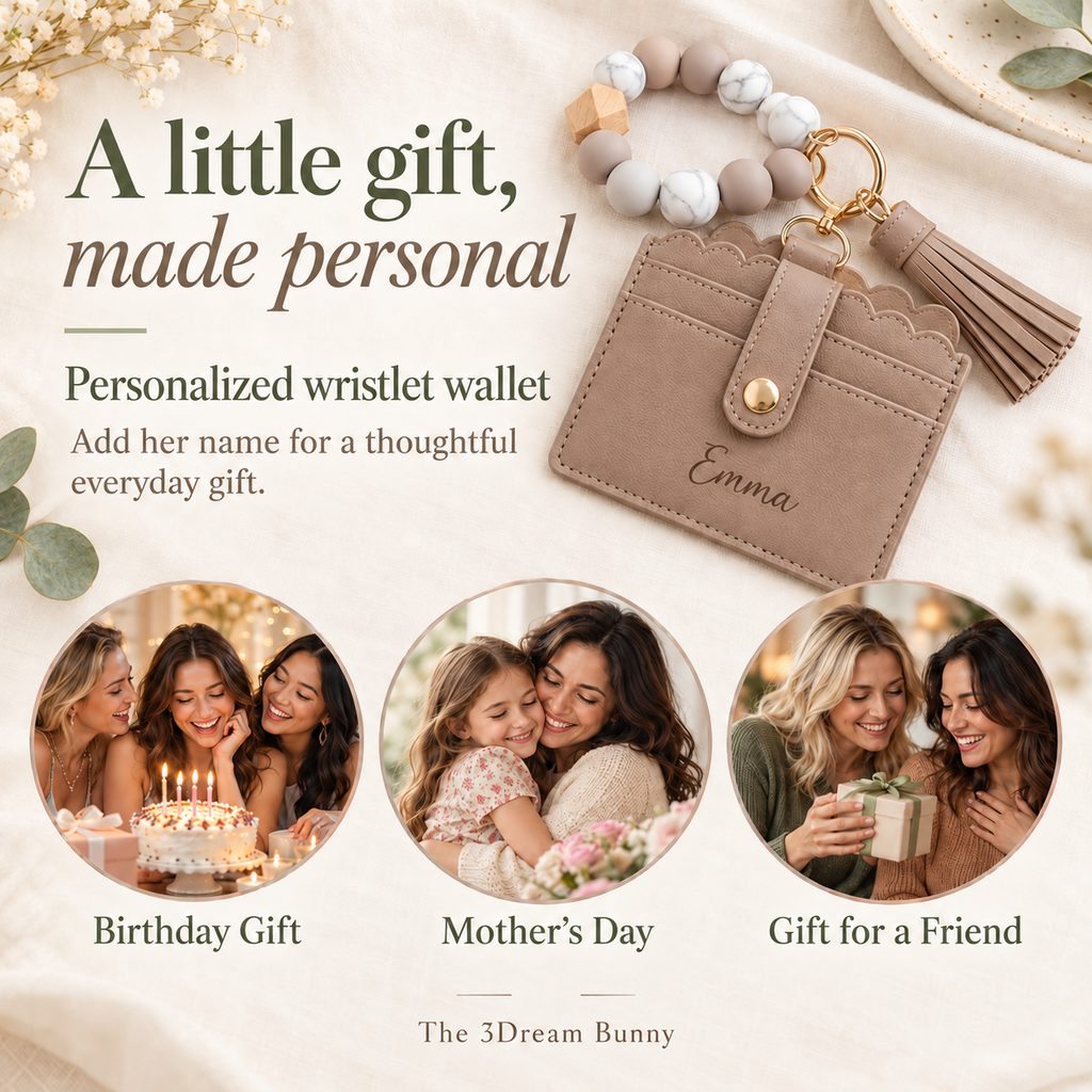 Grey Card Holder & Bracelet Keychain Set — Personalized with Name Engraving