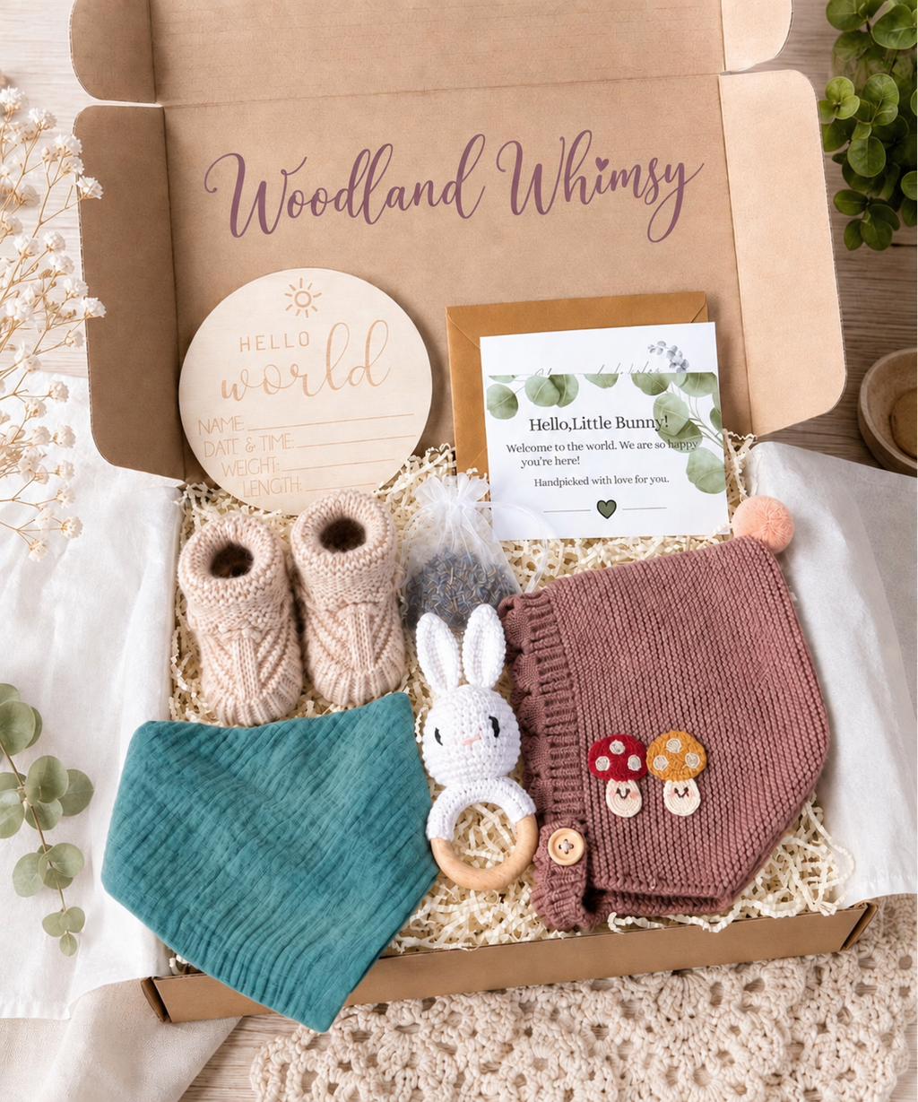 Woodland Baby Gift Box, Gender Neutral Newborn Set with Bunny Rattle and Knit Booties