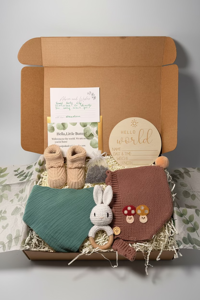 Personalized Baby Gift Box | Newborn Keepsake Set | Baby Shower Gift | Custom Baby Arrival Present | Hand Knitted Booties & Bonnet