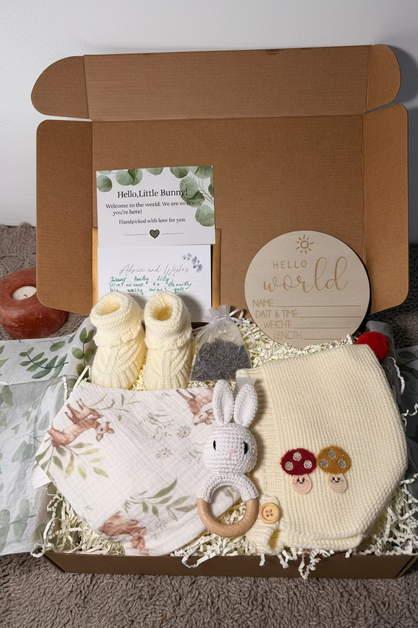 Personalized Baby Gift Box | Newborn Keepsake Set | Baby Shower Gift | Hand Knitted Booties & Bonnet