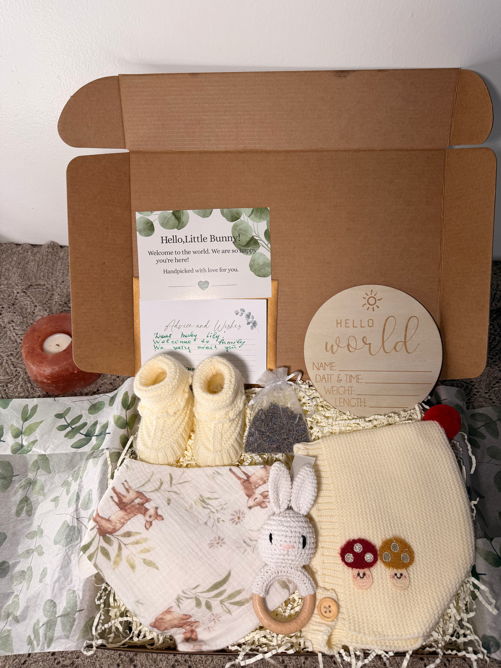 Personalized Baby Gift Box | Newborn Keepsake Set | Baby Shower Gift | Hand Knitted Booties & Bonnet