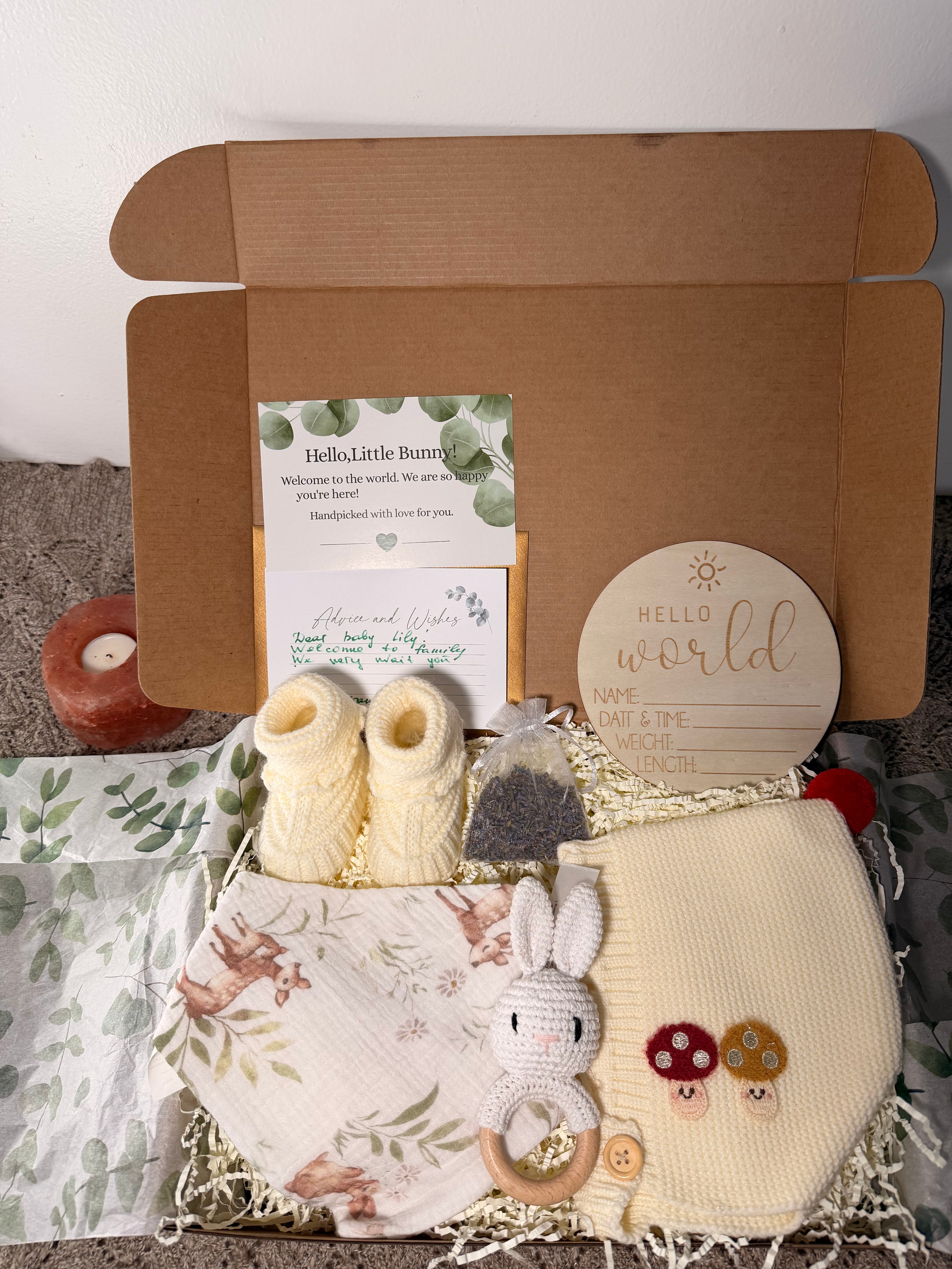 Personalized Baby Gift Box | Newborn Keepsake Set | Baby Shower Gift | Hand Knitted Booties & Bonnet