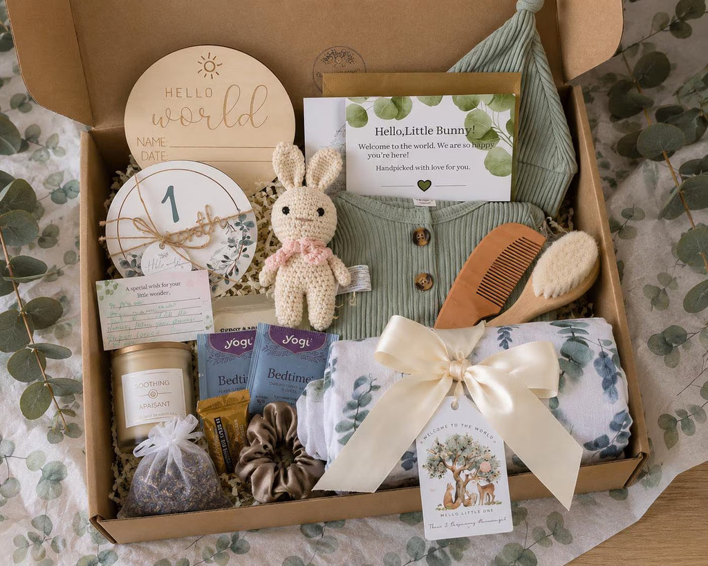 Personalized Sage Green Baby Shower Gift Box with Romper, Crochet Bunny & New Mom Treats