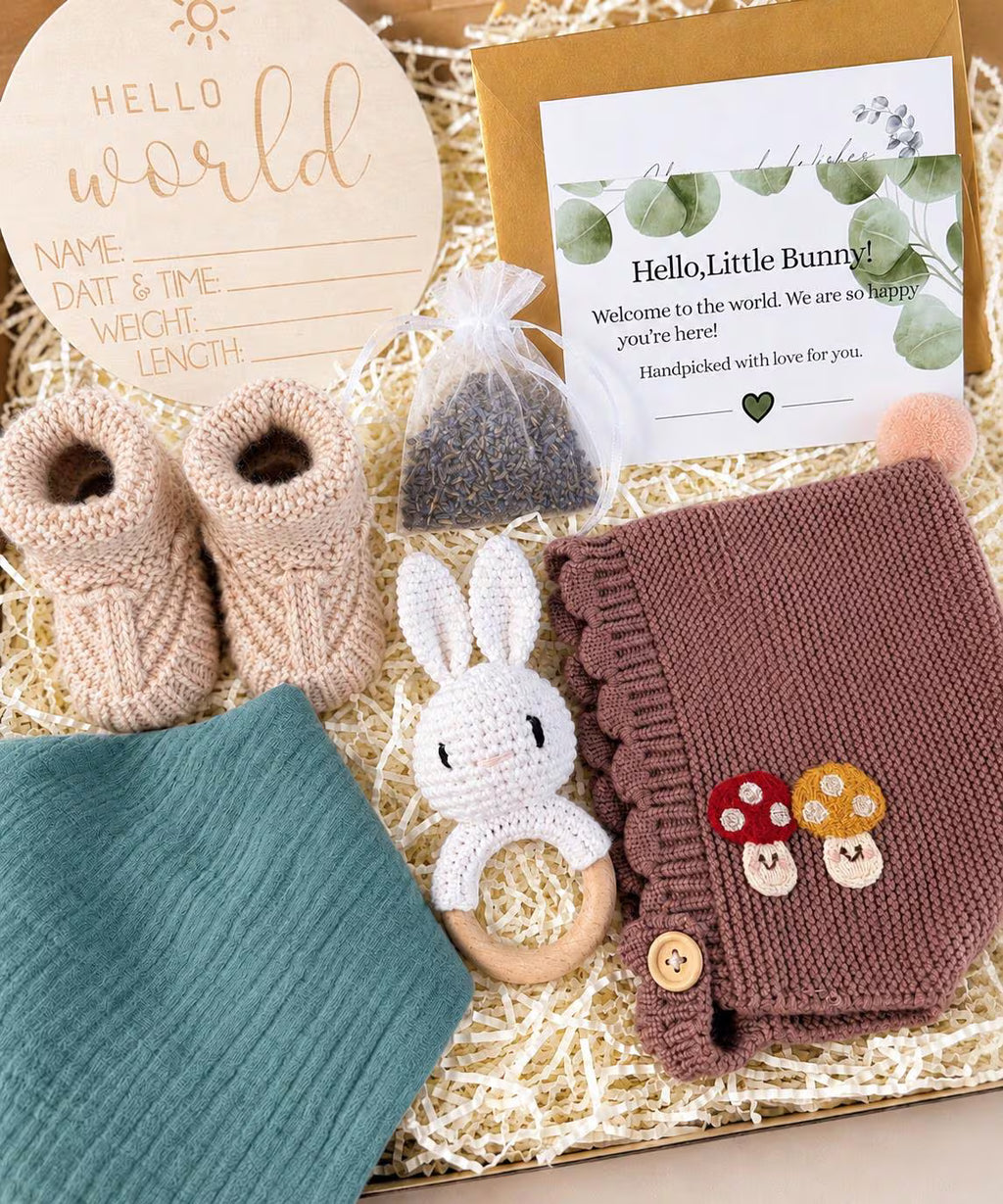 Personalized Woodland Baby Shower Gift Box with Mushroom Bonnet, Knit Booties & Bunny Rattle
