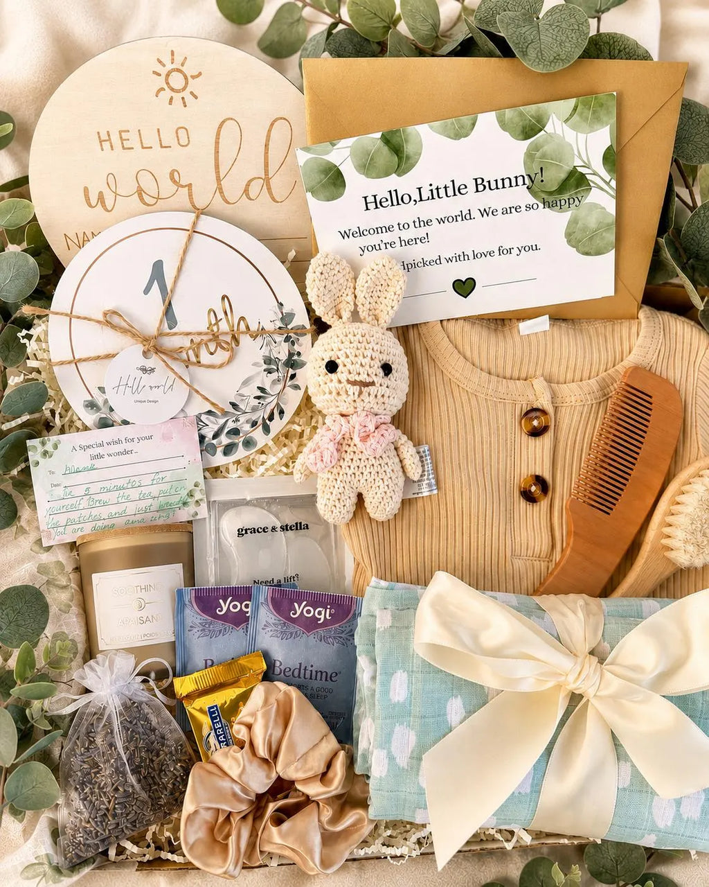 Personalized Neutral Baby Shower Gift Box with Beige Romper, Crochet Bunny & New Mom Treats