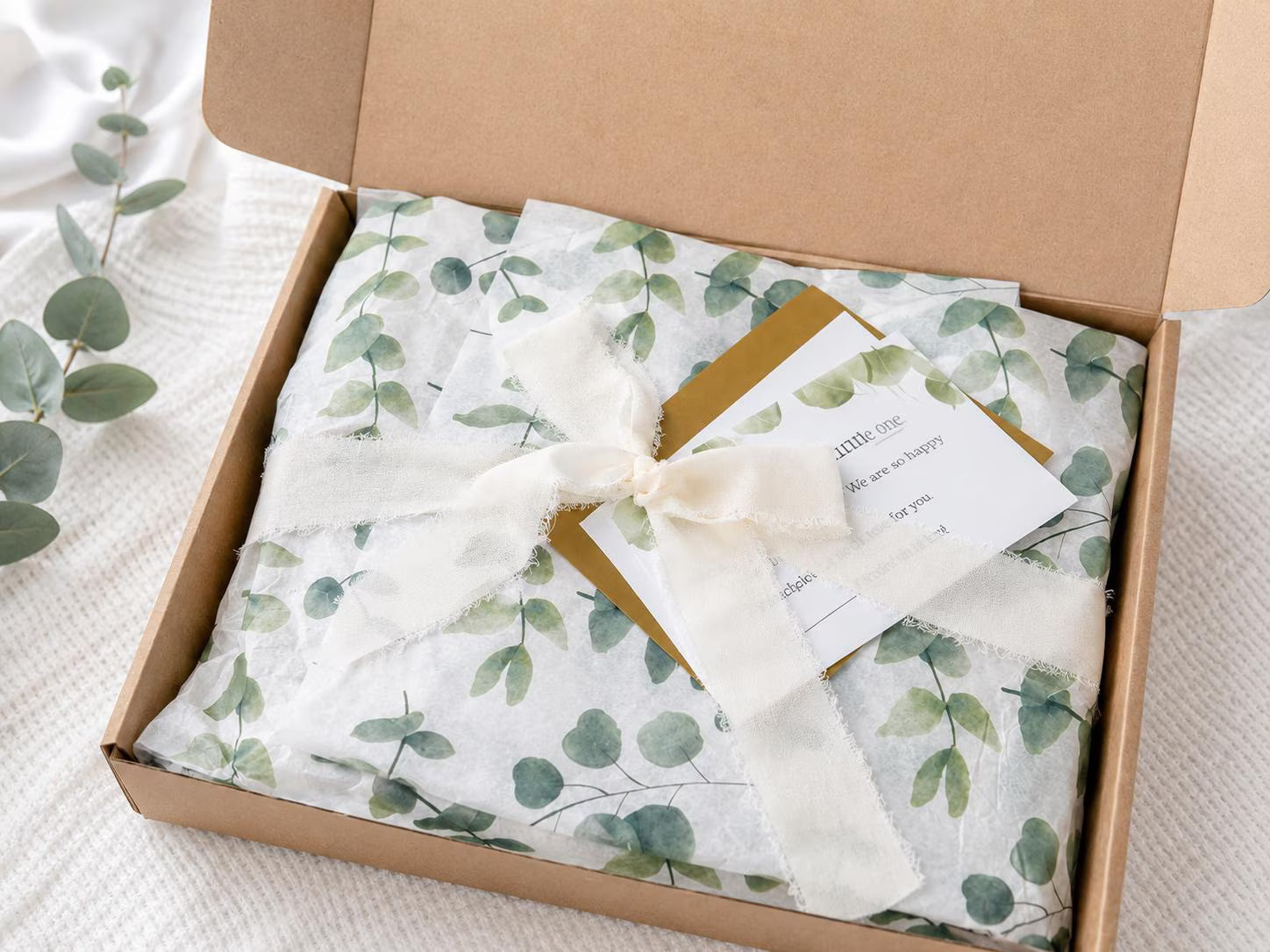 Personalized Woodland Baby Shower Gift Box with Mushroom Bonnet, Knit Booties & Bunny Rattle