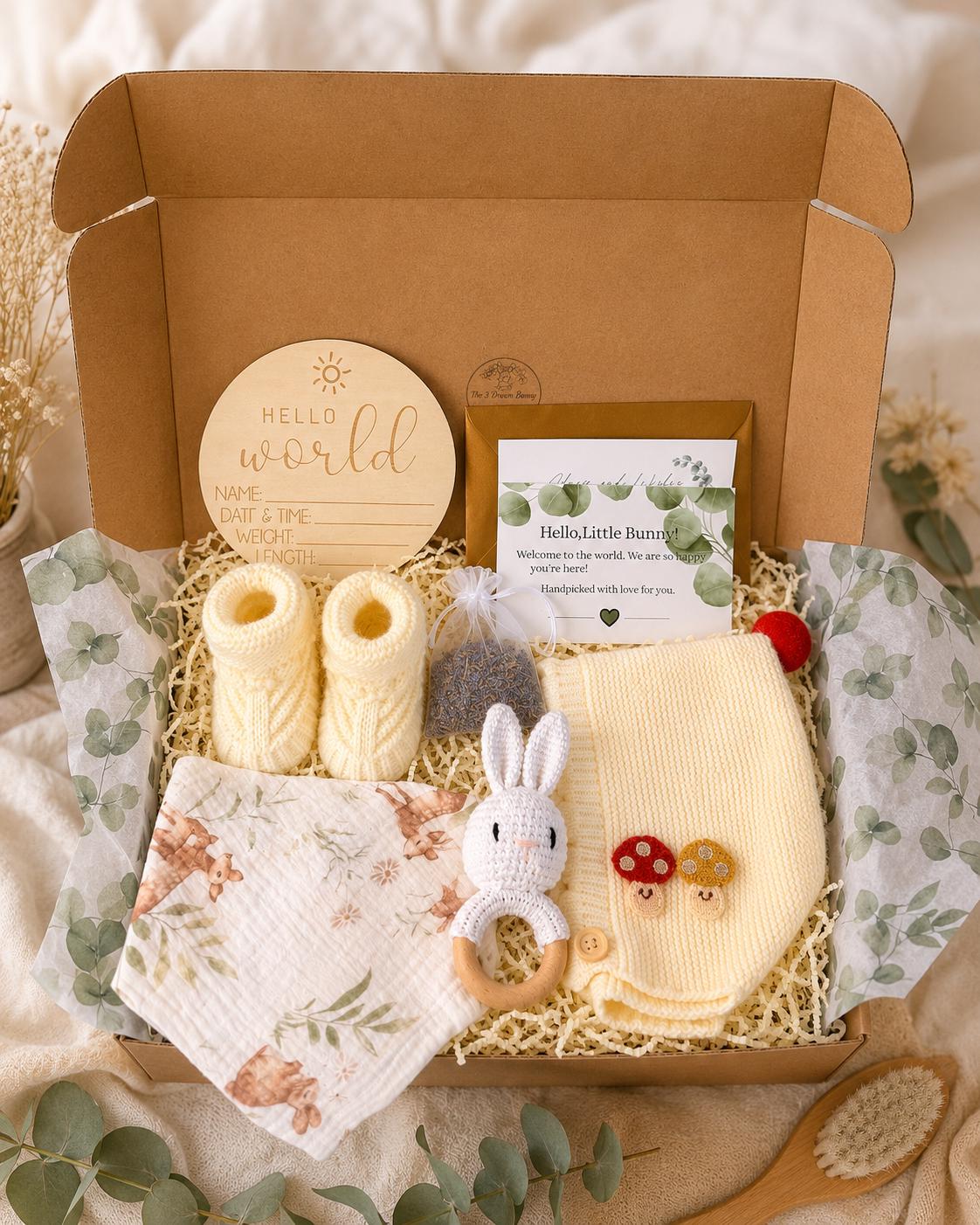 Personalized Woodland Baby Shower Gift Box with Cream Bonnet, Knit Booties & Bunny Rattle