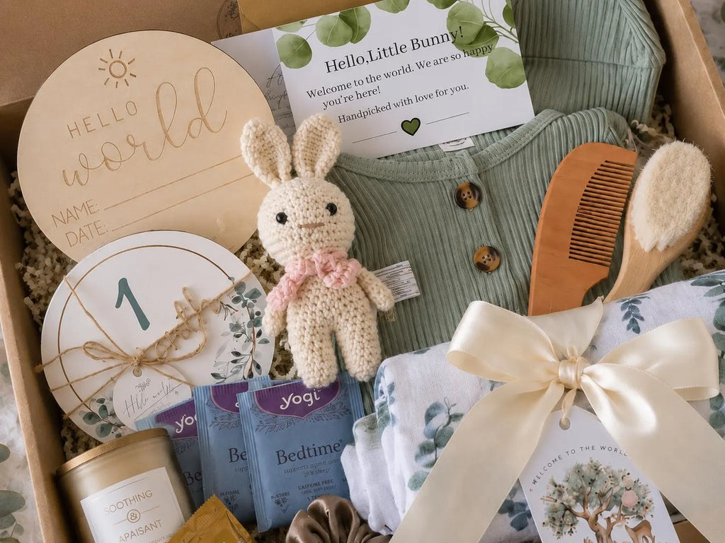 Personalized Sage Green Baby Shower Gift Box with Romper, Crochet Bunny & New Mom Treats