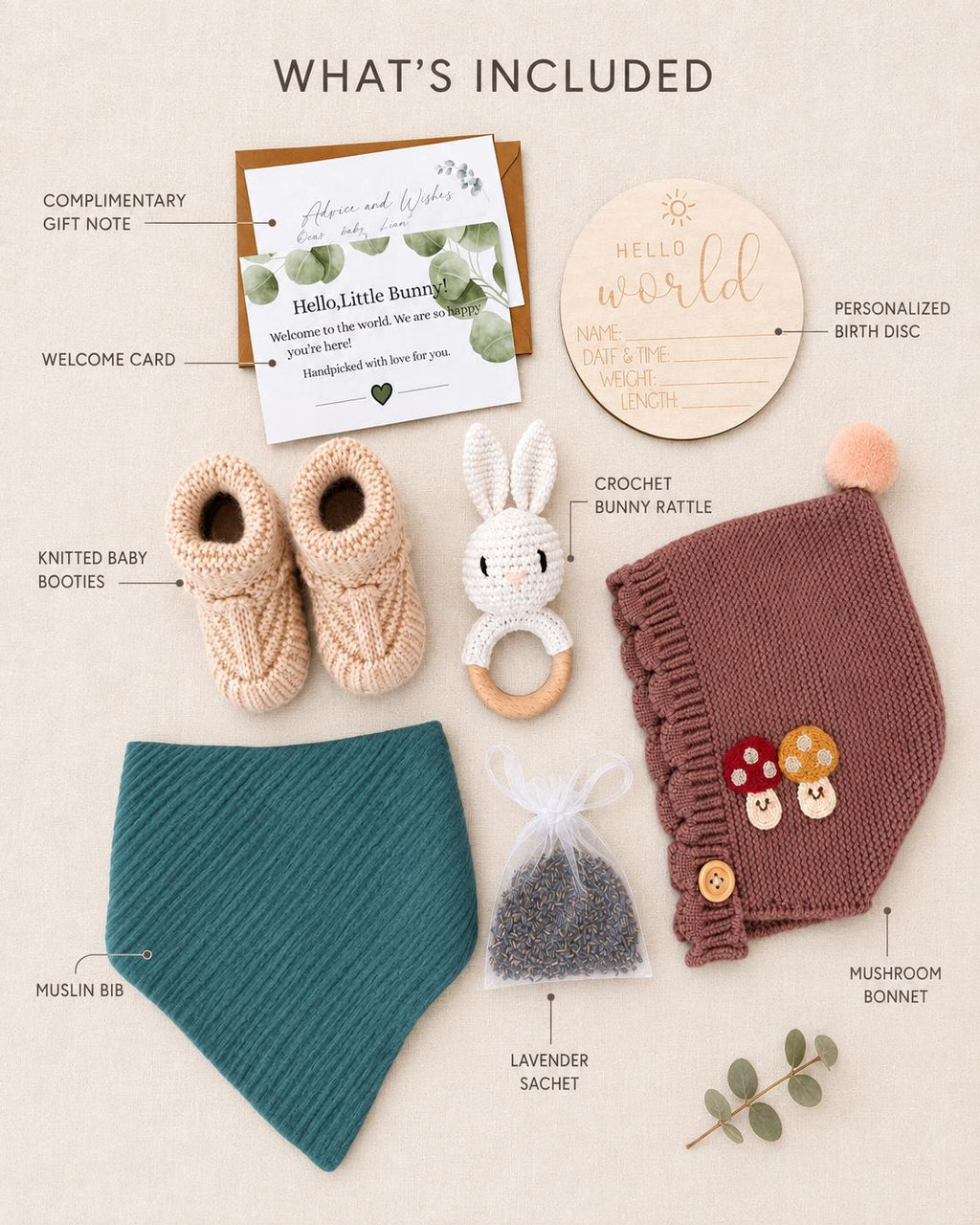 Personalized Woodland Baby Shower Gift Box with Mushroom Bonnet, Knit Booties & Bunny Rattle