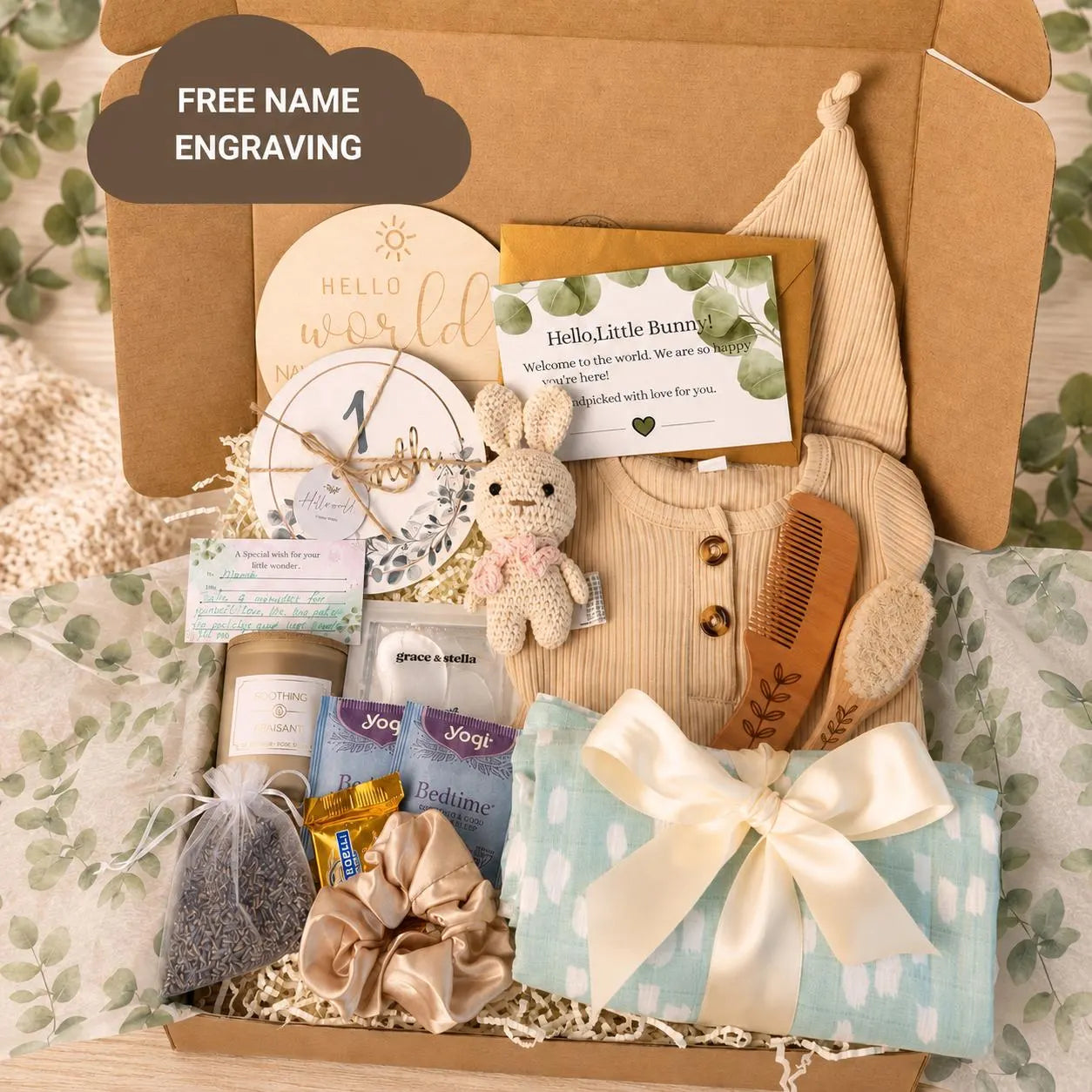 Personalized Neutral Baby Shower Gift Box with Beige Romper, Crochet Bunny & New Mom Treats
