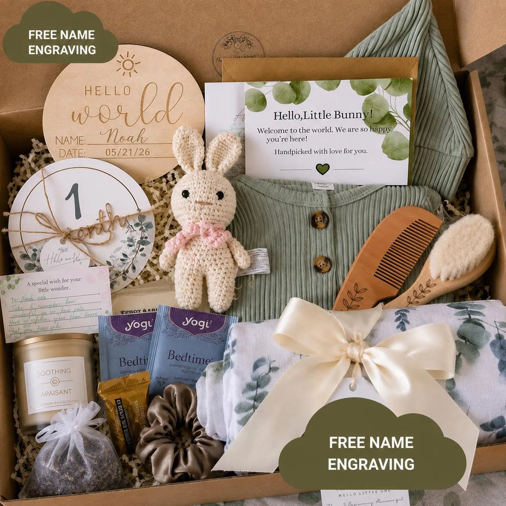 Personalized Sage Green Baby Shower Gift Box with Romper, Crochet Bunny & New Mom Treats
