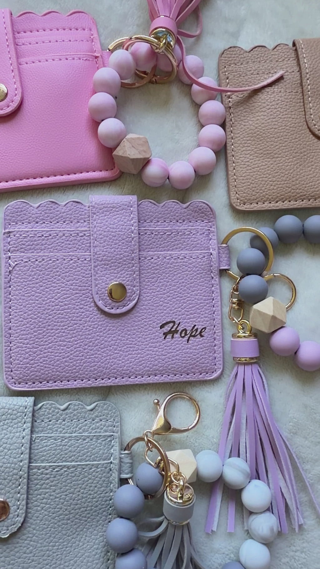 Grey Card Holder & Bracelet Keychain Set — Personalized with Name Engraving